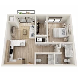 A top-down view of a small apartment with a kitchen, living room, and bathroom.