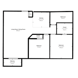 A black and white image of a floor plan for a home with a living room, dining room, kitchen, bathroom, two closets, two bedrooms, and a balcony.