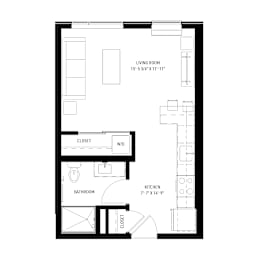 A black and white image of a floor plan for a small apartment.