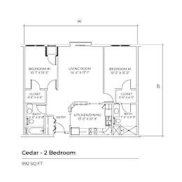A drawing of a 2 bedroom Cedar apartment with dimensions.