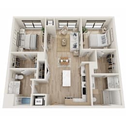 A top-down view of a small apartment layout with a living room, kitchen, and bedrooms.