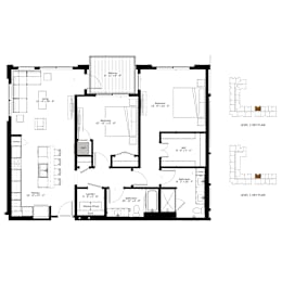 A black and white floor plan of a two-level home with labeled rooms.