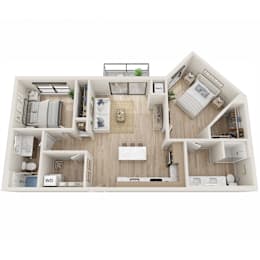 A floor plan of a small apartment with a living room, kitchen, and two bedrooms.