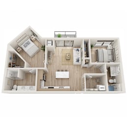 A floor plan of a small apartment with a kitchen, living room, and bedrooms.