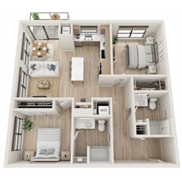 A top-down view of a small apartment layout with labeled rooms.