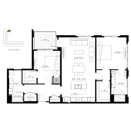 A black and white image of a two-story house floor plan.