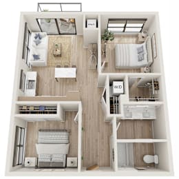 A top-down view of a small apartment with a kitchen, living room, bedroom, and bathroom.