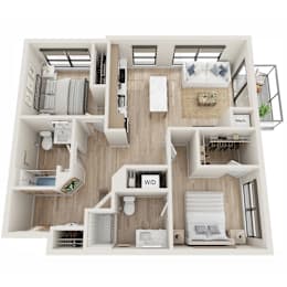 A top-down view of a small apartment layout with a kitchen, living room, and bedrooms.