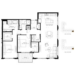 A black and white floor plan of a two-level home with labeled rooms and dimensions.