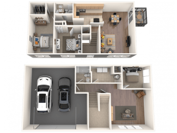 a 3d rendering of a house and a floor plan with a car and a