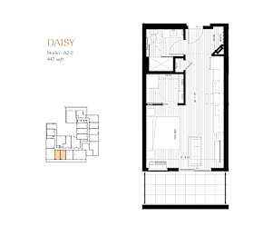 A floor plan and elevation drawing for a studio apartment.