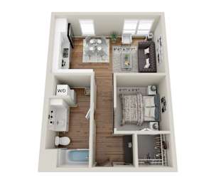 A floor plan of a small apartment with a living room, kitchen, and bedroom.