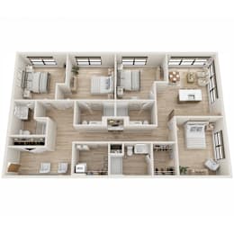 A top-down view of a modern apartment layout with multiple rooms and furniture.