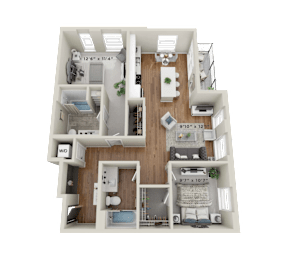 A 3D floor plan of a house showing the layout of the rooms.