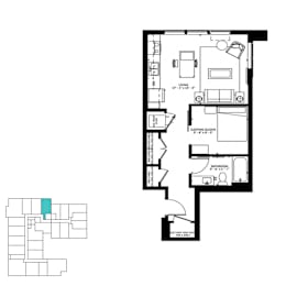 A floor plan of a house with a living room, sleeping alcove, and bathroom.
