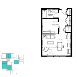 A floor plan of a house with a living room, two bedrooms, and a bathroom.