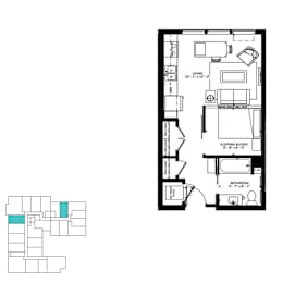 A floor plan of a house with a living room, sleeping alcove, and bathroom.