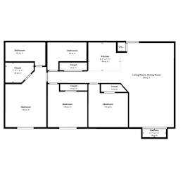 A floor plan of a house with a living room, dining room, kitchen, and four bedrooms.