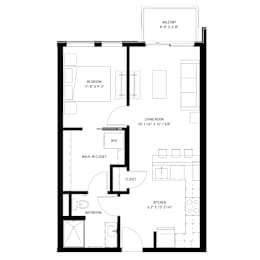 A black and white floor plan of a house with a balcony, bedroom, living room, walk-in closet, closet, kitchen, and bathroom.
