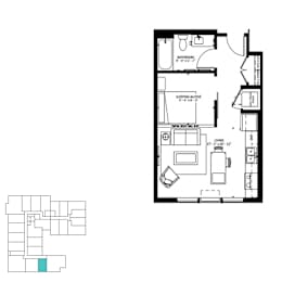 A floor plan of a house with a bathroom, a sleeping alcove, and a lining area.