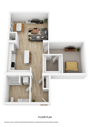 A 3D floor plan of a house with multiple rooms and furniture.