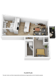 A 3D floor plan of a house with a living room, kitchen, and two bedrooms.