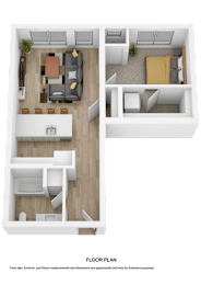 A top-down view of a two-bedroom apartment with a living room, kitchen, and bathroom.