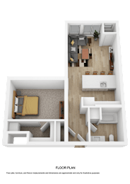 A top down view of a small apartment with a living room, kitchen, and bedroom.