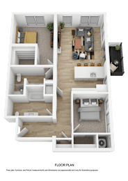 A 3D floor plan of a house with a living room, kitchen, dining room, and two bedrooms.