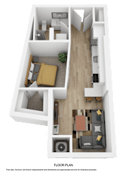 A 3D floor plan of a small apartment with two bedrooms and a living room.