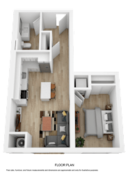 A top-down view of a modern apartment layout.