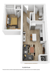 A floor plan of a small apartment with two bedrooms and a living area.