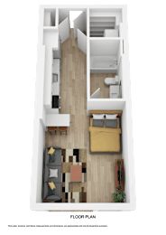 A top down view of a living room, kitchen and bedroom.