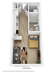 A top-down view of a living room with a couch, chairs, and a coffee table.