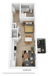 A top-down view of a small apartment with a bed, a couch, a dining table, and a kitchenette.