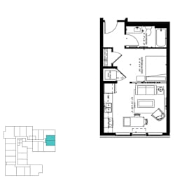 A floor plan of a house with a kitchen, living room, and bathrooms.