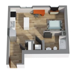 an overhead view of a living room with a wood floor