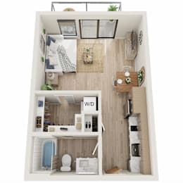 A top-down view of a small apartment with a kitchen, living room, and bathroom.