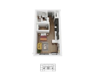 A floor plan of a small apartment with a kitchen, living room, and bedroom.