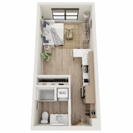 A small apartment layout with a kitchen, living room, and bathroom.