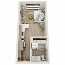 A small apartment layout with a kitchen, living room, and bathroom.