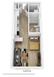 A floor plan of a small apartment with a living room, kitchen, and bedroom.