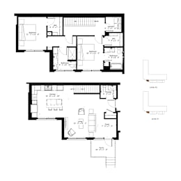 A black and white floor plan of a two-level residential building.