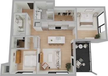 a floor plan of a two bedroom apartment with a bathroom and kitchen