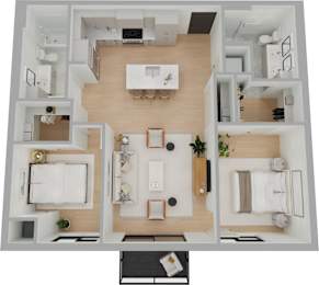 a stylized floor plan of a two bedroom apartment with two bathrooms and a balcony