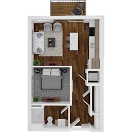 a stylized floor plan with a bedroom and a bathroom