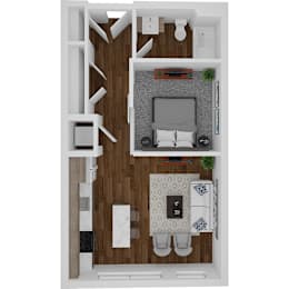a stylized floor plan with a bedroom and a living room