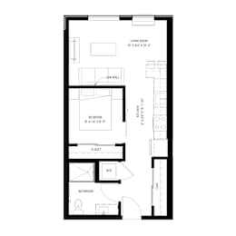 A black and white image of a floor plan for a small apartment.