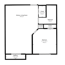 A floor plan of a house with a kitchen, living room, bathroom, bedroom and balcony.