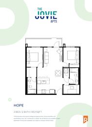 A floor plan for a 2 bedroom, 2 bathroom apartment sized at 853 square feet.